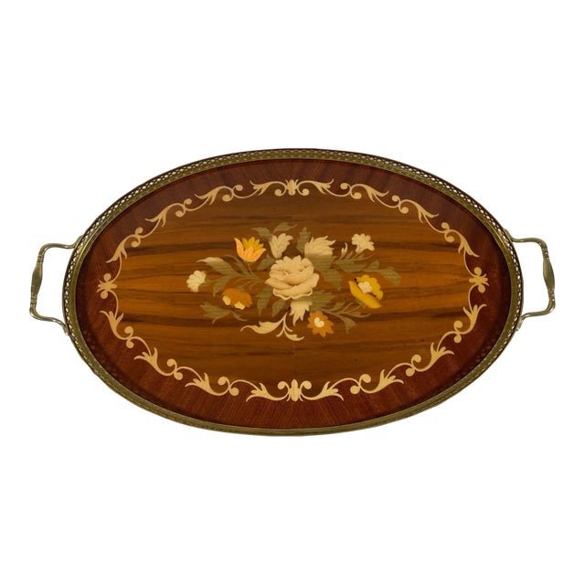 1950-60s Italian Oval Marquetry Gallery Serving Tray For Sale