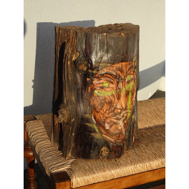 1990s Vintage Hand Carved Face on a Wooden Log ~ Decorative Decor For Sale - Image 5 of 12