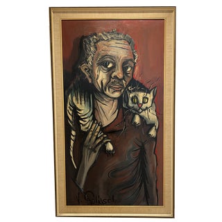 William Goliasch, L'Homme et Le Chat, Oil on Canvas, 1970s, Framed For Sale