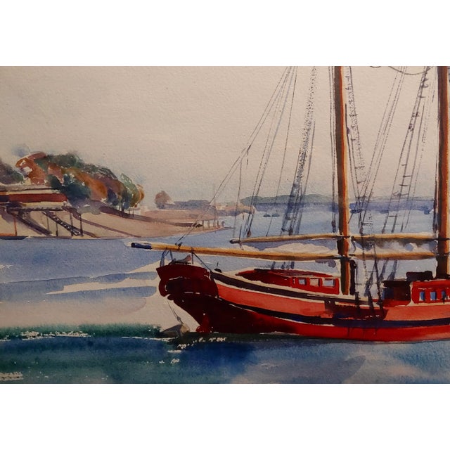 1950s Virgene Hawthorne - Red Sail Boat Resting at Bay - 1950s Painting For Sale - Image 5 of 9