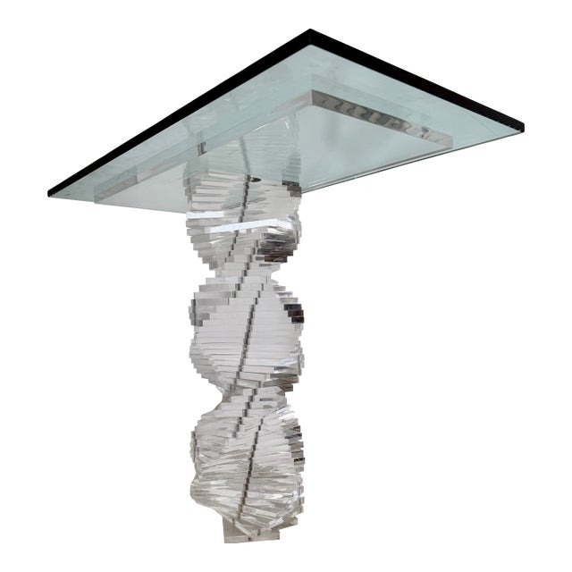 Lucite Helix Console Table With Custom Glass Top, Post Modern 1980s Handmade For Sale