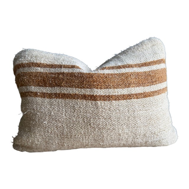 Vintage Grainsack and Japanese Coated Canvas Lumbar Pillow With Down Insert For Sale