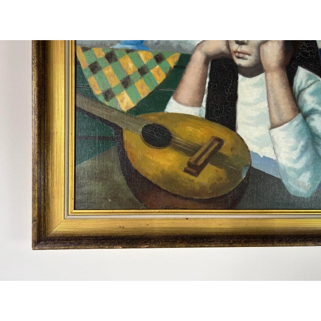 1960's Abati Young Woman With Mandolin Oil Painting, Framed For Sale - Image 11 of 13