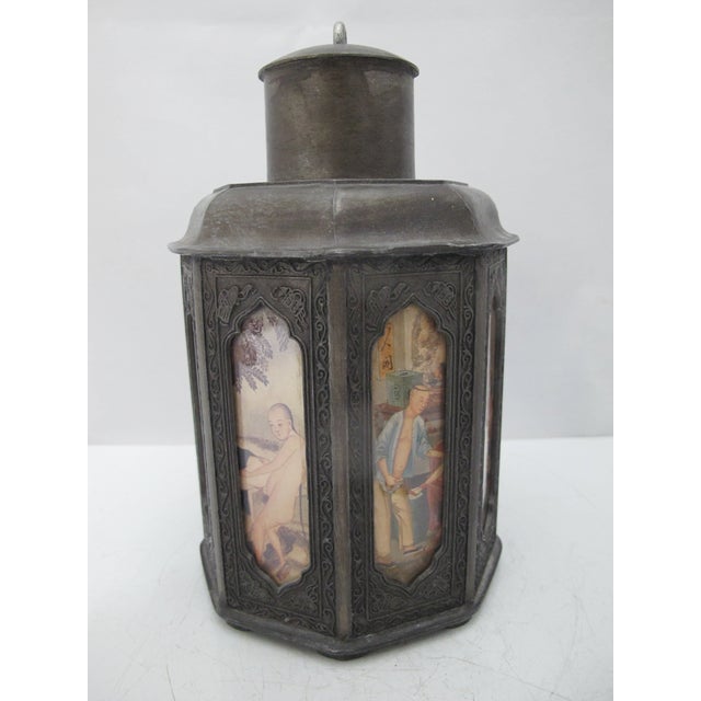 Bronze Chinese Pewter Octagonal Tea Caddy With Inset Painted Erotic Art Panels For Sale - Image 8 of 13