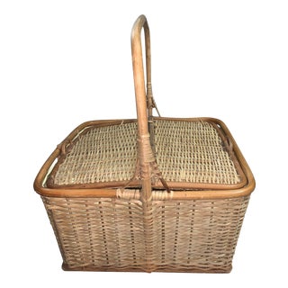 1970s Rattan Lined Picnic Basket For Sale