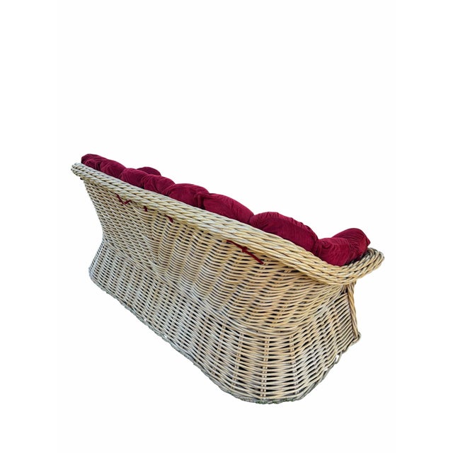 1980s Vintage Coastal Wicker Sofa With Channel-Tufted Cranberry Cushions For Sale - Image 5 of 10
