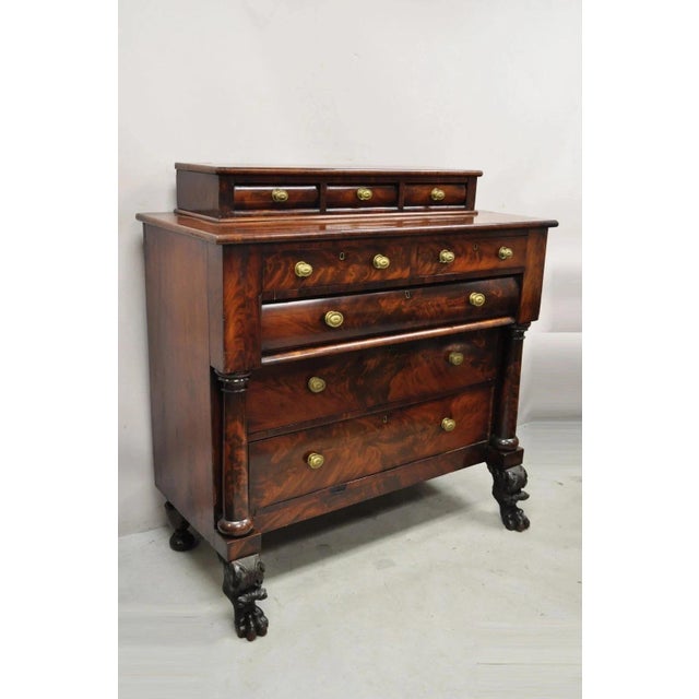Antique American Empire Crotch Mahogany Step Back Tall Chest Dresser w/ Paw Feet. Item features column supports, lift off...