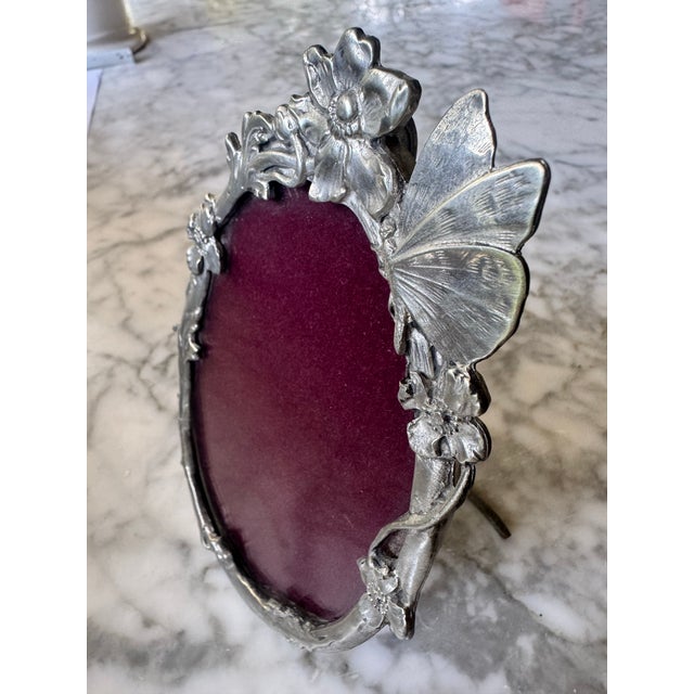 Vintage Elias Art Nouveau Fine Pewter Oval Floral Butterfly Easel Photo Frame For Sale - Image 4 of 12