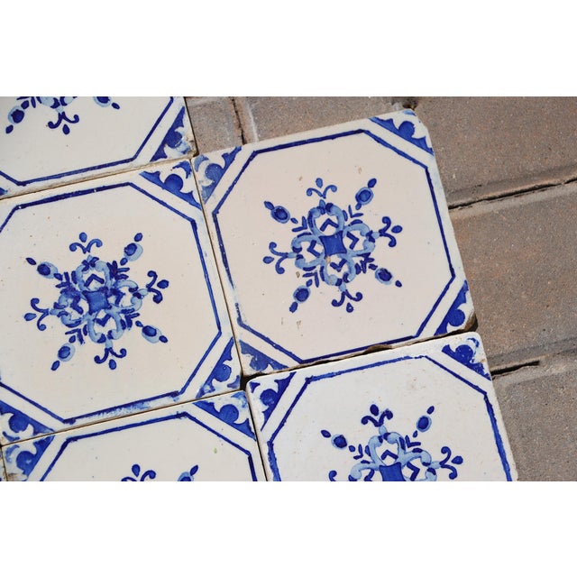 Antique 1920s Portuguese Ceramic Tiles With Stylized Art Deco Rosette Motif Set of 14 For Sale - Image 16 of 18