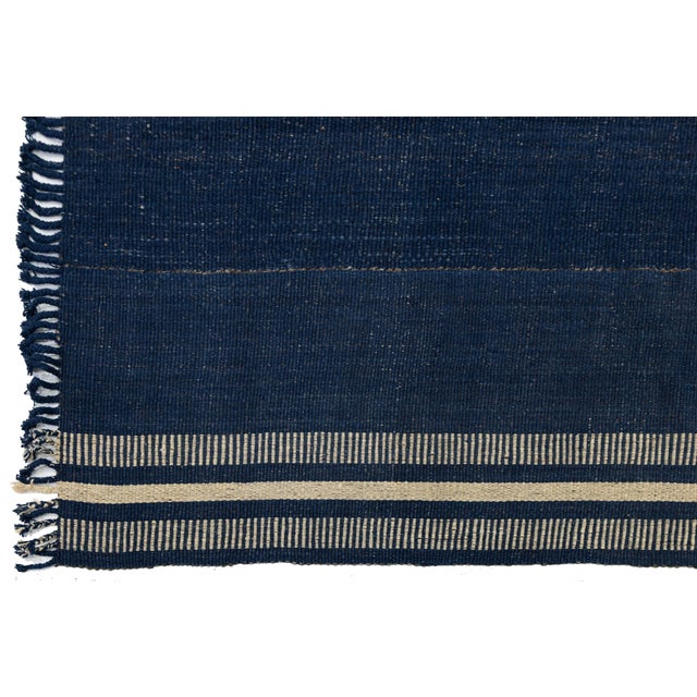 Textile Modern Kilim Style Wool Rug – Hand-Knotted Indigo Blue & Cream Striped Flatweave For Sale - Image 7 of 11