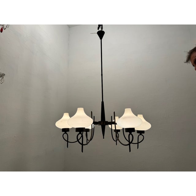1950s Italian Opaline Bronze Chandelier, 1950s For Sale - Image 5 of 14