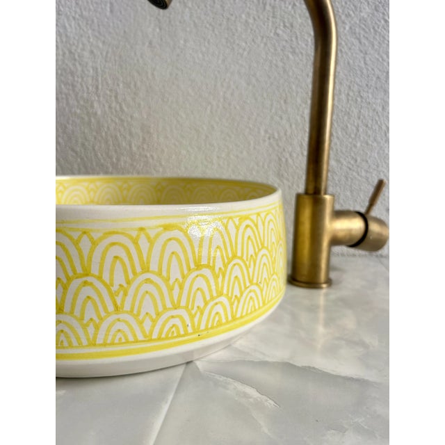Metal Moroccan Yellow Ceramic Round Sink for Bathroom, Vessel Sink with Brass Drain For Sale - Image 7 of 8