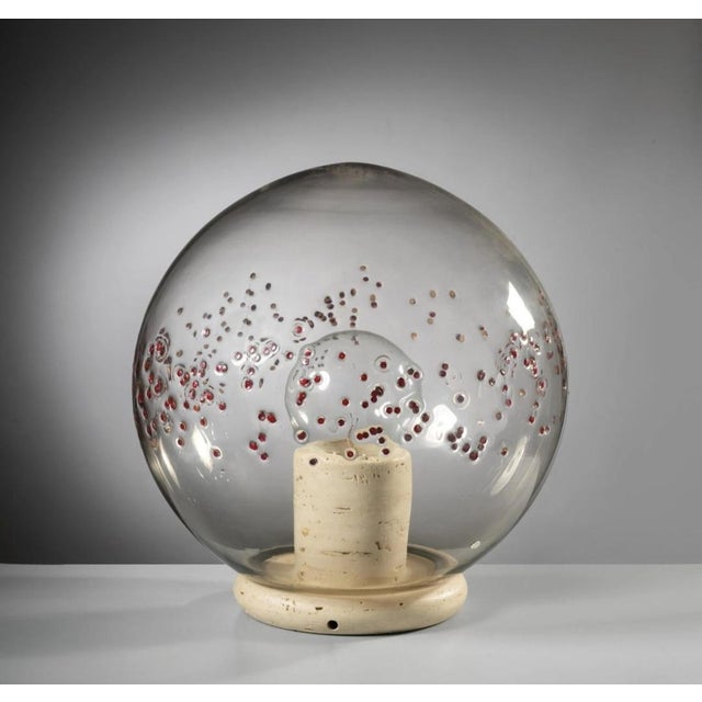 Clear Glass Table Lamp with Red Glass and Travertine Marble Base from La Murrina, 1970s, in Very Good conditions. Designed...