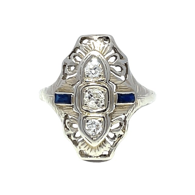 Art Deco Mid 20th Century Art Deco 18k White Gold Filigree Ring With Old Cut Diamonds & Blue Sapphires, Size 5.25 For Sale - Image 3 of 9