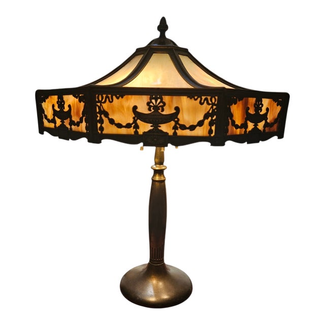 1900s Stately Bradley and Hubbard Slag Glass Lamp For Sale