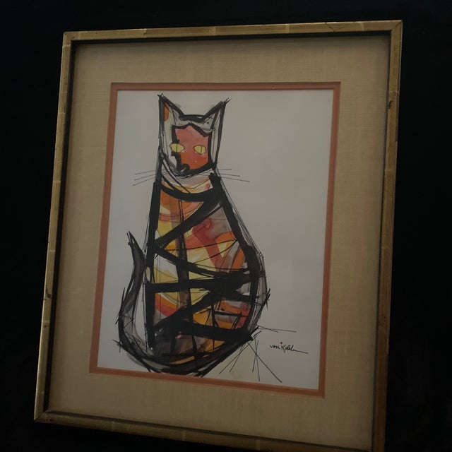 Abstract Signed Watercolor and Ink Drawing of a Cat by Maria Von Kohler. For Sale - Image 3 of 12