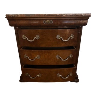Late 20th Century Henredon Burl Elm Neoclassical Marble Top Nightstand Bedside Chest For Sale