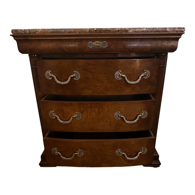 Late 20th Century Henredon Burl Elm Neoclassical Marble Top Nightstand Bedside Chest For Sale