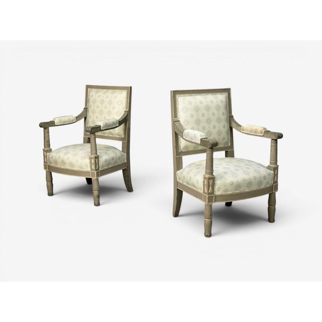 Gustavian, Lounge Chairs, Grey Paint Decorated, Fabric, Sweden, 19th C. For Sale - Image 4 of 13