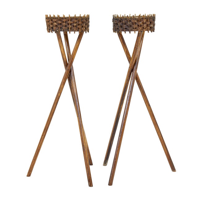 Pair of mid 20th century woven plant stands circa 1950. Good quality pair of swedish made woven cane plant stands. Made...