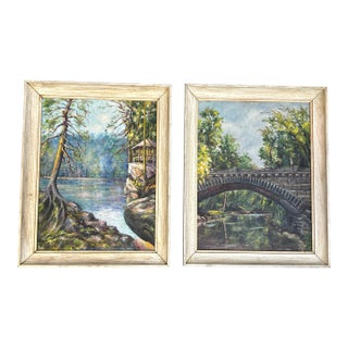 Two 1960’s Original Impressionist Lake and Bridge Landscape Paintings - Set of Two For Sale
