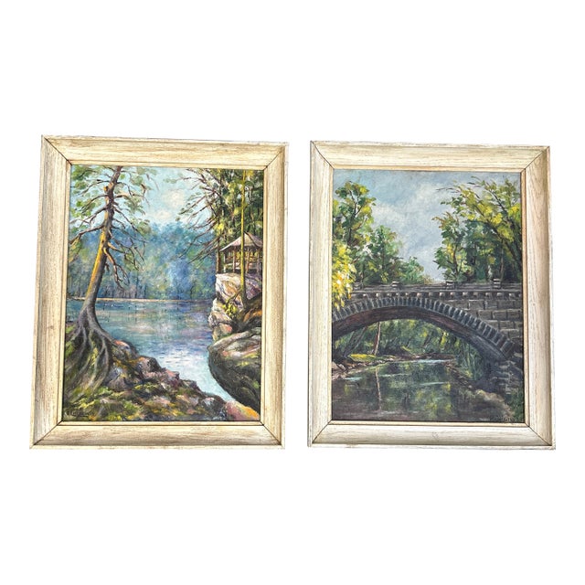 Two 1960’s Original Impressionist Lake and Bridge Landscape Paintings - Set of Two For Sale