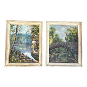 Two 1960’s Original Impressionist Lake and Bridge Landscape Paintings - Set of Two