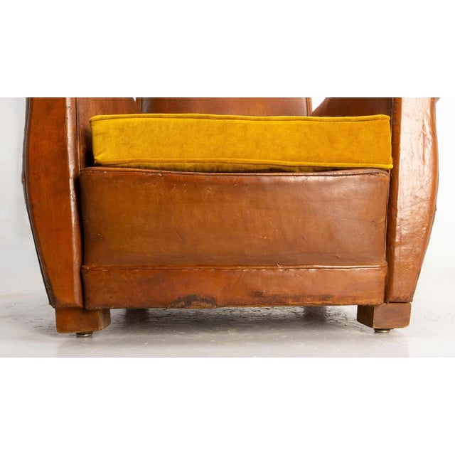 Antique French Club Armchair Fauteuil Cognac Leather and Fabric, 1930, Set of 2 For Sale - Image 13 of 16