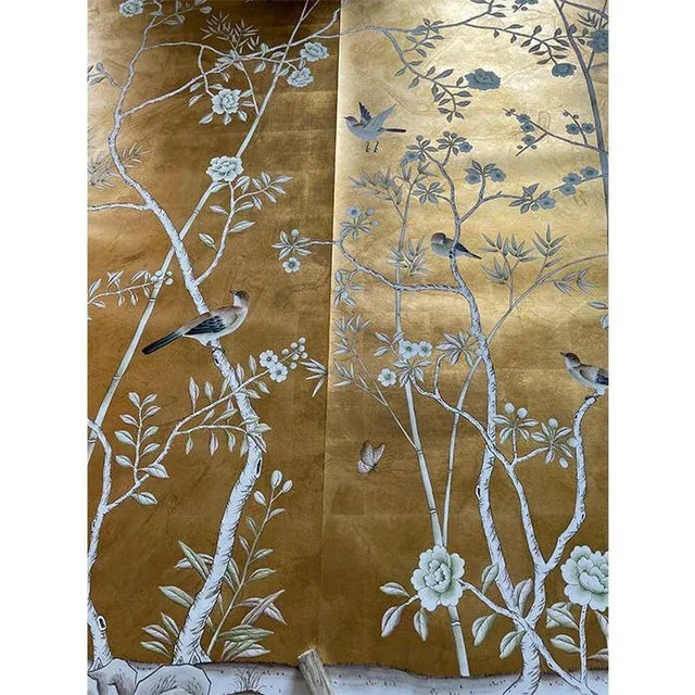 Chinoiserie Hand Painted Bamboo Floral Wallpaper Panel Murals on Gold Metallic 3ft X 8ft /Panel - 2 Panels For Sale - Image 6 of 7