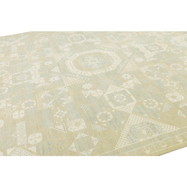 10x14 Modern Khotan Style Geometric Area Rug in Soft Sage & Ivory Wool For Sale In New York - Image 6 of 10