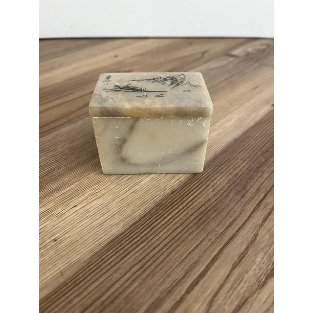 Small, vintage Chinese stone trinket box. Rectangle shape. Labeled JCT