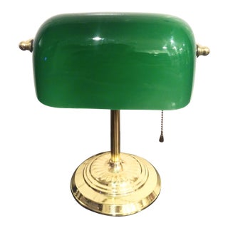 1980's Vintage Emeraldite Brass Bankers Desk Top Lamp For Sale