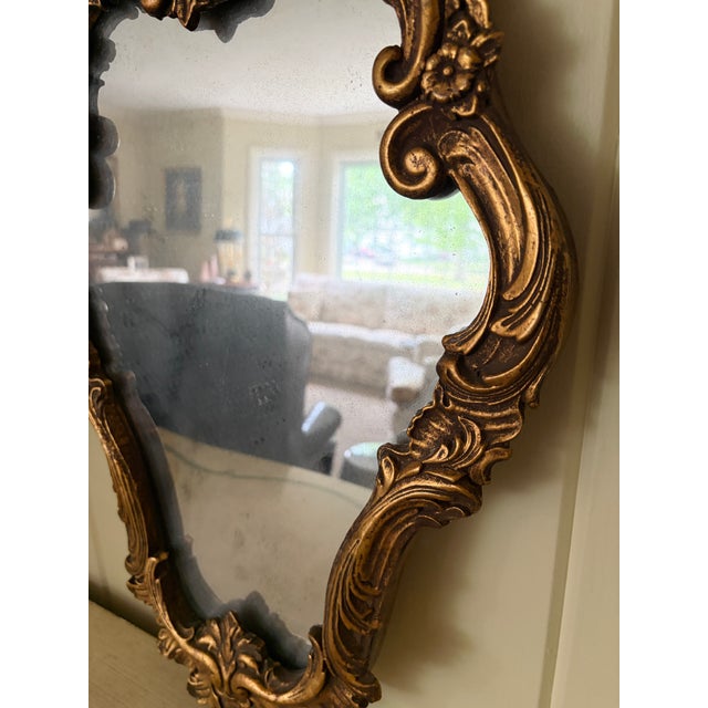 Mid 20th Century Pair of Italian Rococo Giltwood Mirrors With Antiqued Glass For Sale - Image 5 of 14