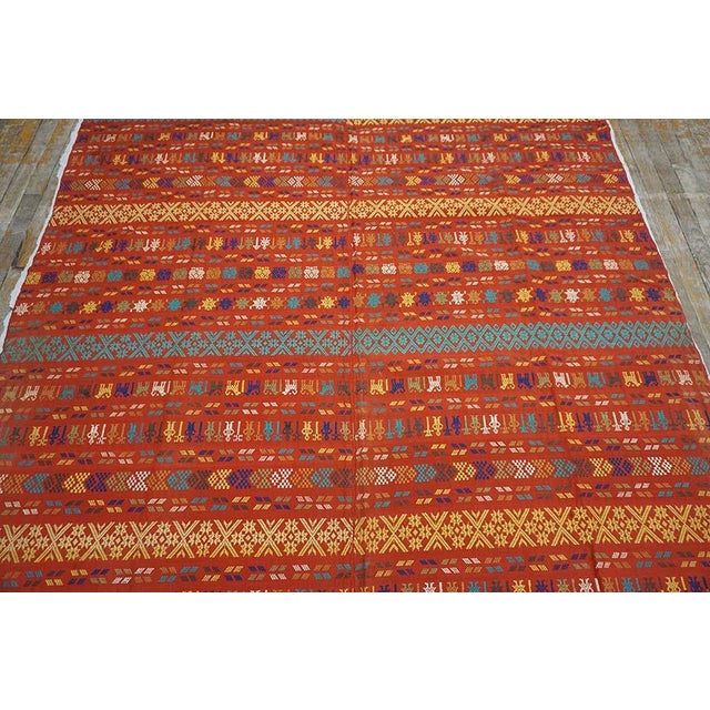 Outstanding Red Background Color With Yellow-Blue Stripe Geometric Design Antique European Swedish Flat-Weave For Sale In New York - Image 6 of 13