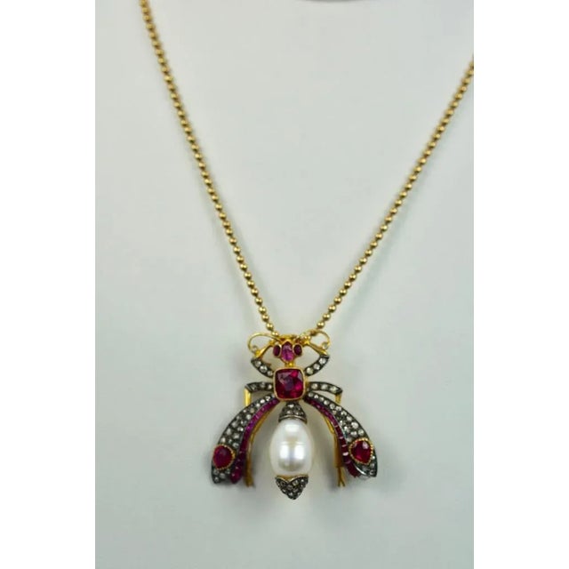 Antique Ruby Pearl Diamond 18k Insect Brooch Pendant For Sale - Image 4 of 7