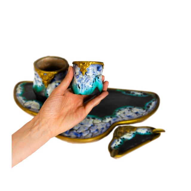 Art Nouveau Desk Set in Ceramic and Gilt Bronze, France, 1900s, Set of 4 For Sale - Image 9 of 12