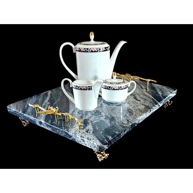 Contemporary Contemporary One-of-a-Kind Seafoam Black Marble & Brass Hardware - Serving Platter 16"x20" - With Gauri Kohli Marble Knives Included For Sale - Image 3 of 9