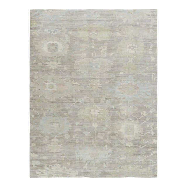 Rug & Kilim’s Oushak Style Rug in Beige and Green With Floral Patterns For Sale