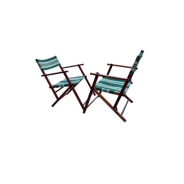 Mid-Century Modern Mid 20th Century Folding Patio Chairs Pair – Stained Wood With Green & White Canvas, A Pair For Sale - Image 3 of 12