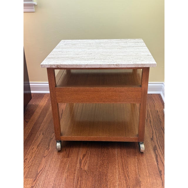 Wood 1960s Harvey Probber Travertine Top & Cane Drawer Side Table on Casters For Sale - Image 7 of 8