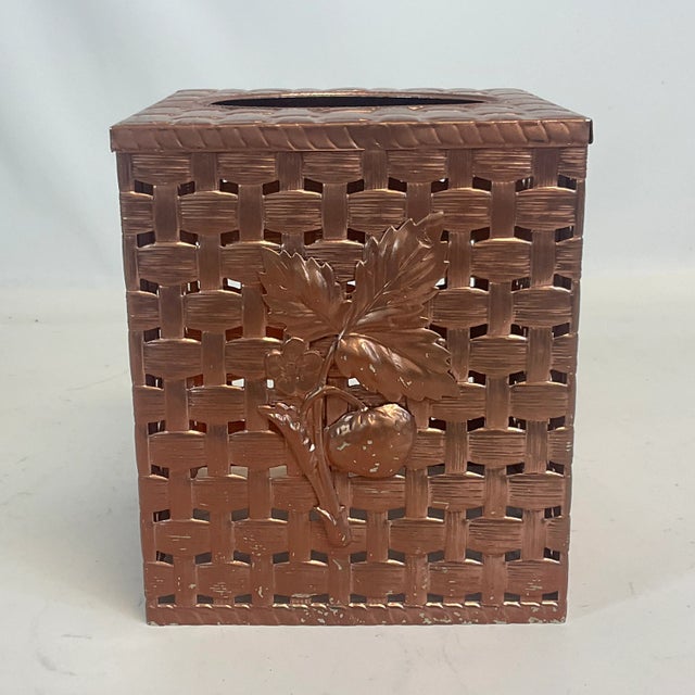 Art Nouveau Mid-Century Hollywood Regency Faux Woven Basket Metal Tissue Box Cover For Sale - Image 3 of 9