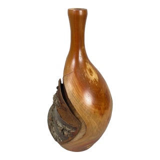 Paul Russell Designs Hand Turned Cherry Wood Live Edge Vase, Signed For Sale