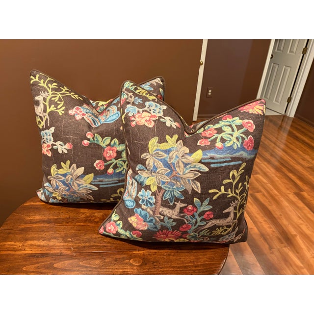 Traditional Pair of Custom Pillows With Down Inserts Charming Multi Color Linen Fabric For Sale - Image 3 of 3