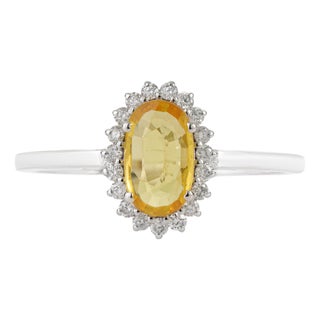14k Gold Art Deco Natural Yellow Sapphire & Diamond Halo Ring Size 7 For Sale