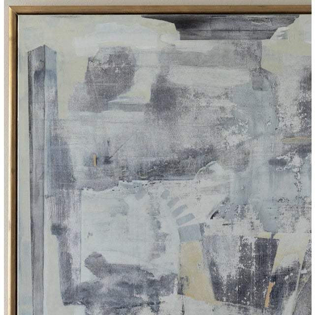 This is a large-scale, serene acrylic on canvas with layers of shades of gray and cream framed in a mat finish antique...