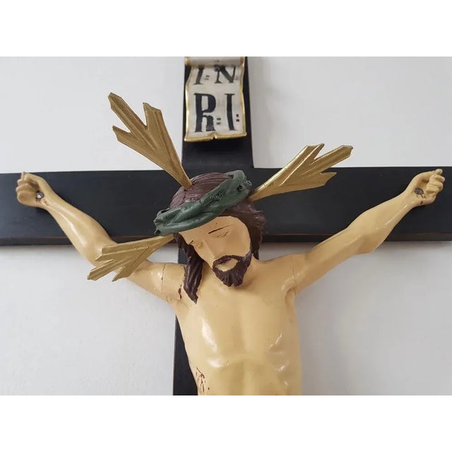 Large 103 cm tall painted pine cross with lime wood poly-chromed handcrafted body of Jesus. Original condition with light...