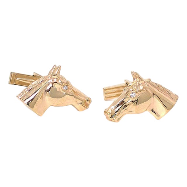 Horse Head 14k Yellow Gold & Diamond Cufflinks For Sale