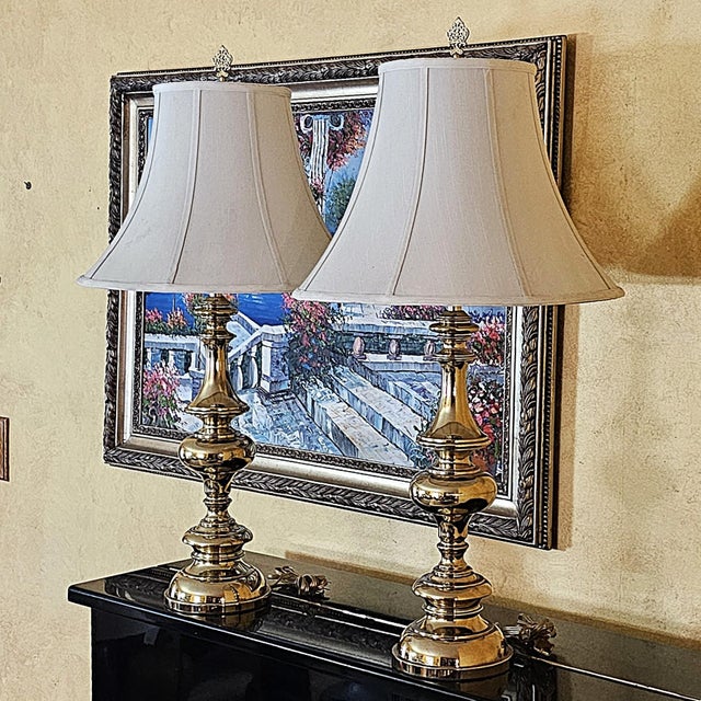 Pair of Tall Brass Table Lamps With Ivory Bell Shades – Hollywood Regency Style For Sale - Image 15 of 18