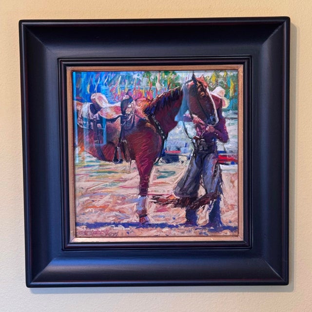 This artwork captures a dynamic moment between a horse and its rider, set against a vibrant backdrop that suggests the...