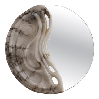 Fossil Moon Wall Mirror X in Alabaster & Glass Mirror by Amarist Studio For Sale